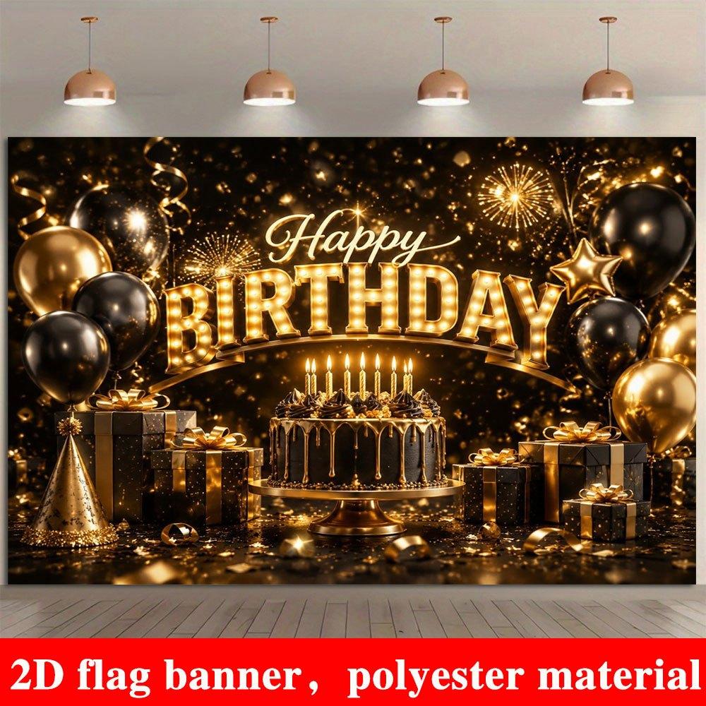 2D Flat Banner, Black and Golden Birthday Backdrop, Lit Letters, Cake, Gift Box, Balloons, Party Decoration