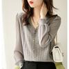 Spring Long Sleeved Hollow Chiffon Patchwork V-neck Pullover Knitted Thin Loose Top for Women