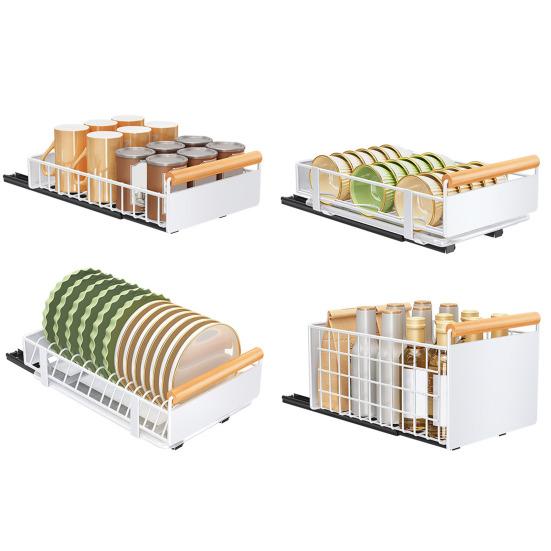 Полка для хранения чаш и блюд Большая вместимость с клейкой направляющей Выдвижной выдвижной ящик Органайзер для шкафа Съемная дренажная пластина Выдвижная выдвижная панель для тяжелых условий эксплуатации