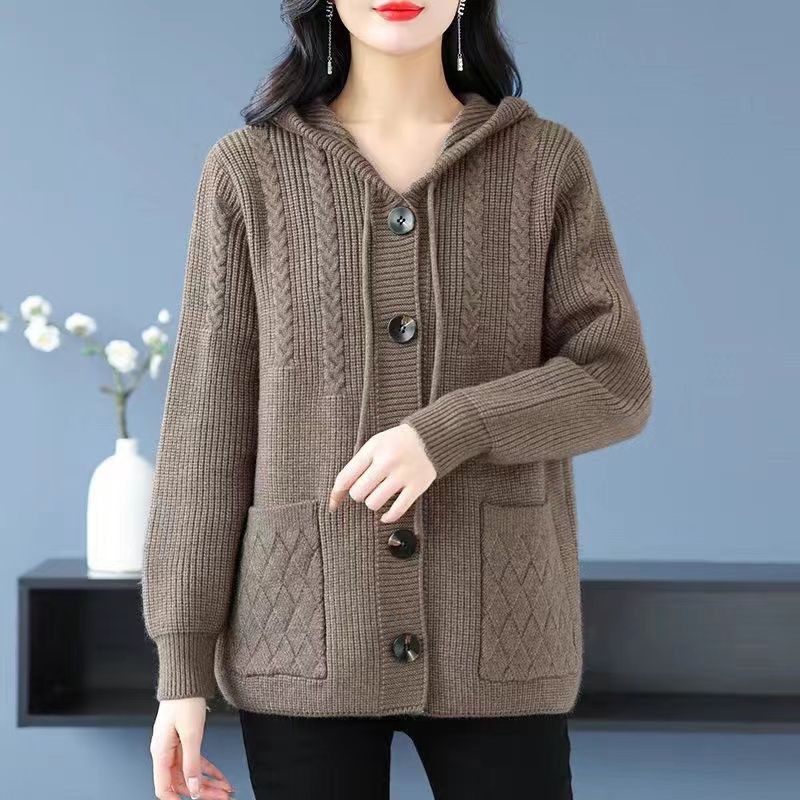 Thick Knitted Hooded Cardigan for Middle-aged and Elderly Women In Short Length