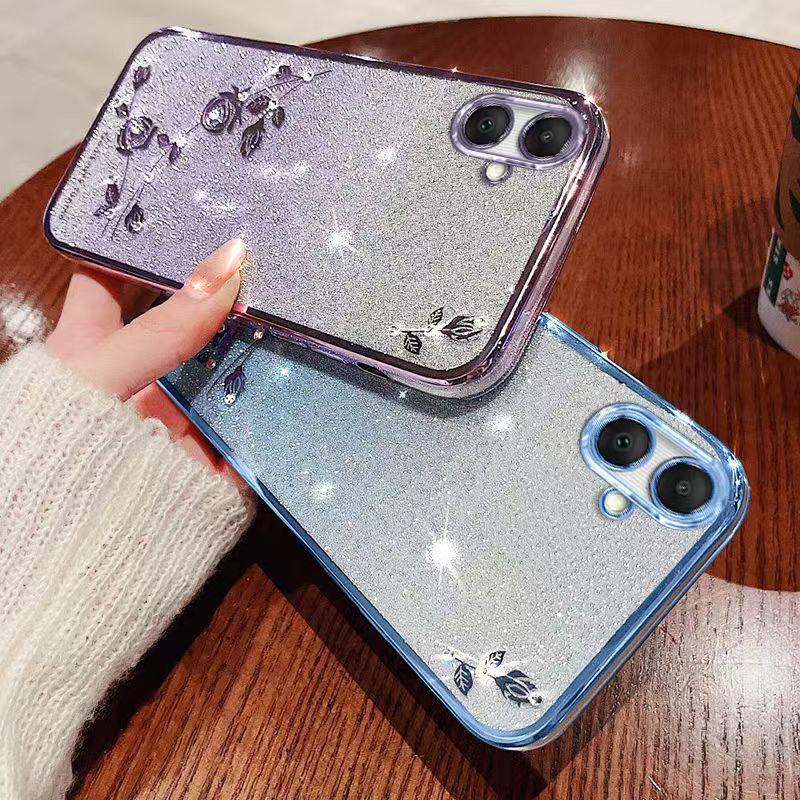 Чехол для телефона Samsung Galaxy A06, A05, A04, A04e, F04, M04 Flash Pink Flower Прозрачный противоударный защитный чехол с роскошным бриллиантовым сиянием