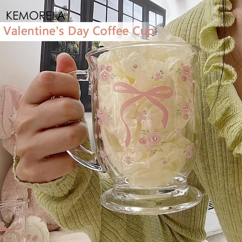 KEMORELA 1/2 шт. Стеклянная кружка 450 мл с узором из цветов, роз и бантов, многофункциональная, U-образной формы, моющаяся вручную, многоразовая, подходит для кофе