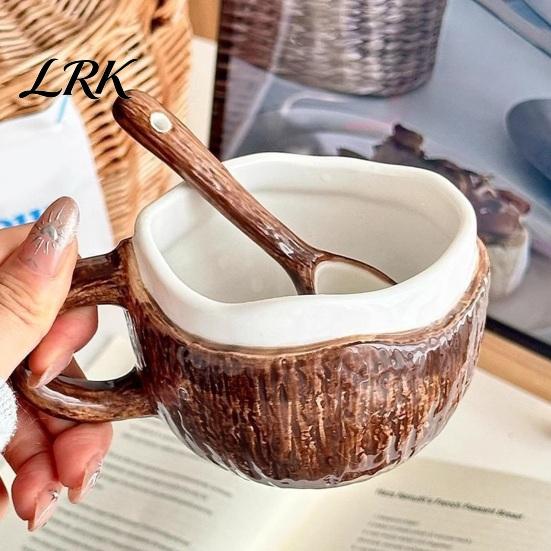 Керамическая кружка в форме кокоса, Винтажная кружка-ракушка, Ручная работа, Неправильная форма, Кофейная чашка с ложкой, Легко чистить, Глазурованная, Рустикальная текстура, Для завтрака, Овсянки, Чая для