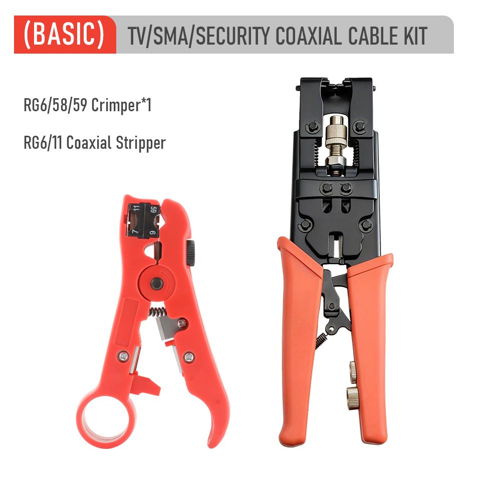 Coaxial Compression Crimper Tool Kit, RG6 RG58 RG59 Crimp Pliers for F BNC RCA Connectors with RG6 RG11 Cable Stripper