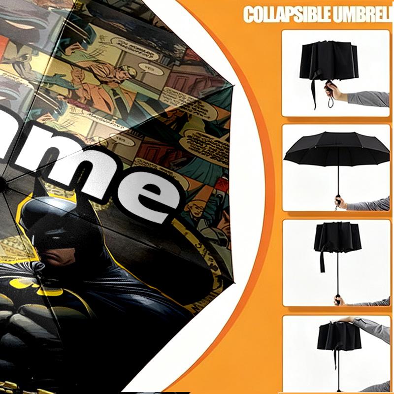 Custom Name Personalized Batman Print Umbrella, Auto Open Close, 8‑Rib Sturdy Frame, Commute Camping Hiking Use, Birthday Gift