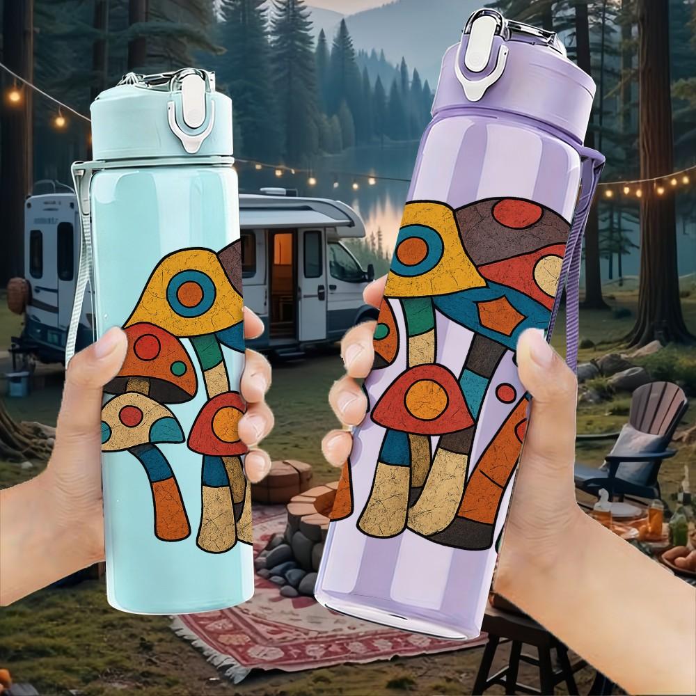 1PC Spotted Mushroom Forest Cluster 750ml Color Plastic Sports Water Bottle Leakproof Flip Straw Lid Suitable for Sports Office Home Use