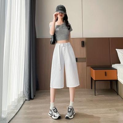 Белые Большого размера Свободные Семиточечные Летние Новые С высокой талией Стройнящие и Универсальные Джинсовые Широкие брюки Кэжуал Средней длины