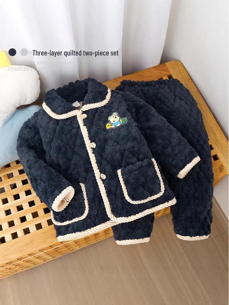 Kids' Winter 3-Layer Quilted Pajamas Coral Fleece Set - Boys, Girls, Babies & Parent-Child Outerwear
