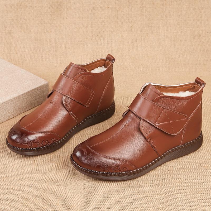 Женские зимние ботинки из натуральной кожи, теплые плюшевые, на плоской подошве, нескользящие, обувь для мамы, большой размер 41