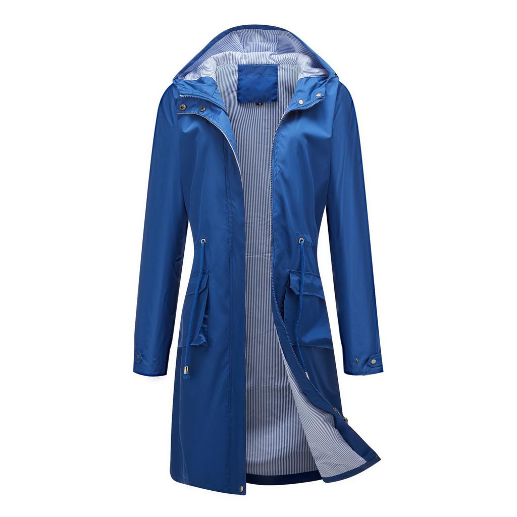 Waterproof Jacket Women Hooded Trench Fashion Outdoor Windbreaker Coat Loose Striped Lining Drawstring Long Blazer Autumn Winter