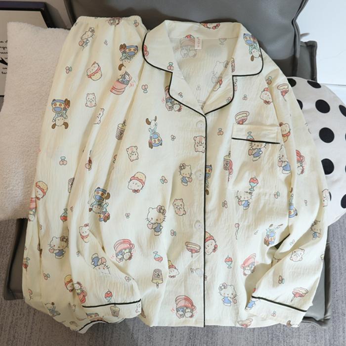 Homewear Flower Print V-neck Women's Pajamas Set Aesthetic Art Soft Two-piece Pajamas Set Sweet Casual Autumn  Sleepwear