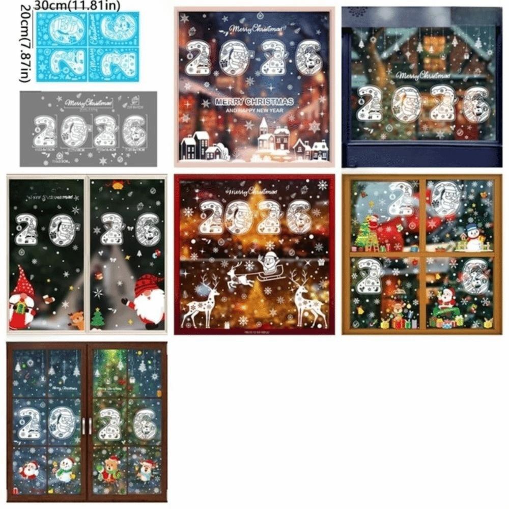 2026 Christmas Window Sticker Santa Claus Pattern Elk Snowman Design Festival Party Sticker Snowflake Motif
