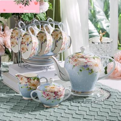 Розовый Синий Цветок Костяной Фарфоровый Набор Чашек Для Кофе Фарфоровый Чайный Набор Керамический Горшок Кружка Сахарница Сливочник Чайник Молочник Чайный Сервиз