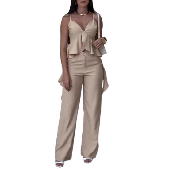 Женский топ с V-образным вырезом и брюками, топ на бретельках с оборками и прямые брюки, дышащий деловой костюм, летний повседневный наряд для офиса, вечеринки, улицы