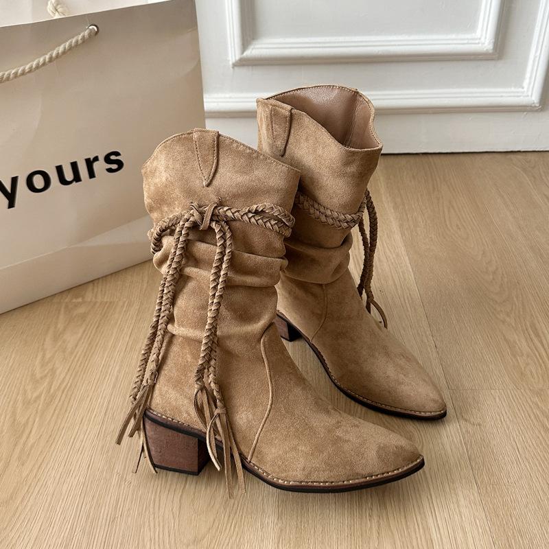 Ретро плетеные ботинки Мартина с бахромой женские 2025 осенние модели толстый каблук тонкое среднее голенище египетские ботинки ботинки пустоши женские