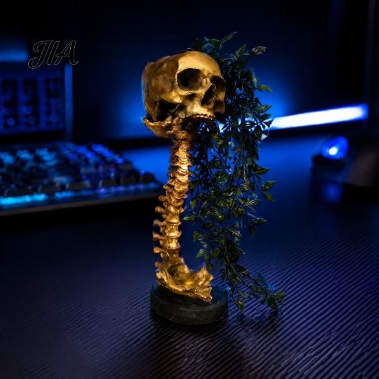 Gothic Skull Planter for Succulents Pothos, Creative Skeleton Flower Pot with Vintage Metal Style Cemetery Art Spine Column, Foliage Plant Container
