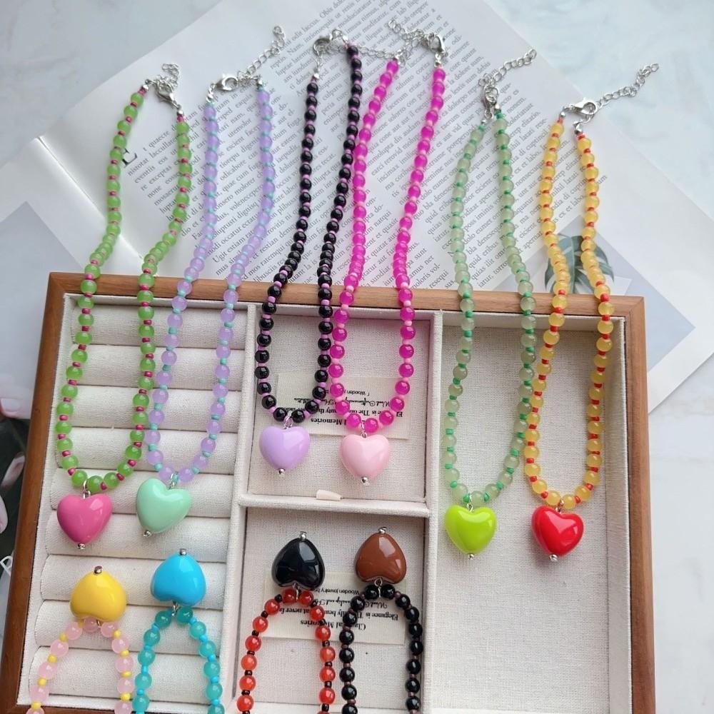 Acrylic Heart Pendant Candy Color Choker Necklace Fashion Glass Beaded Chain For Women Girls