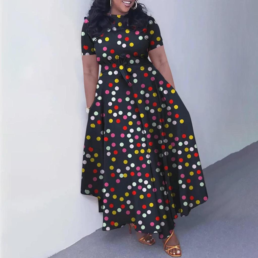 Новое женское платье из африканского кружева 2024 года: Короткие рукава, свободный крой, большие размеры, элегантная мода