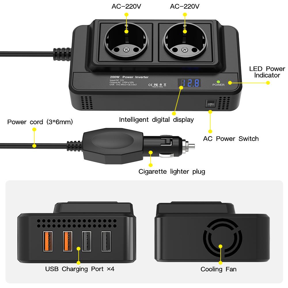 200W Car Inverter DC 12V to AC 110V 220V Car Inverter Converter Auto Power Adapter USB Type C US EU Plug