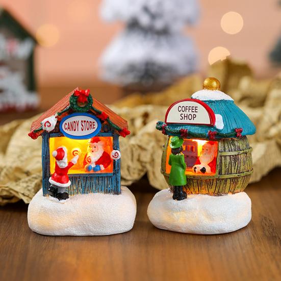 Christmas Winter Village House Ornaments Mini Light-up Christmas Shop with Santa Resin Desktop Figurine Holiday Home Decor