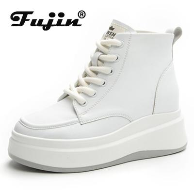 Fujin/7,5 см, новые трендовые осенние ботинки из натуральной кожи, женские ботильоны, женская обувь до середины икры, кроссовки на танкетке, весенние ботильоны