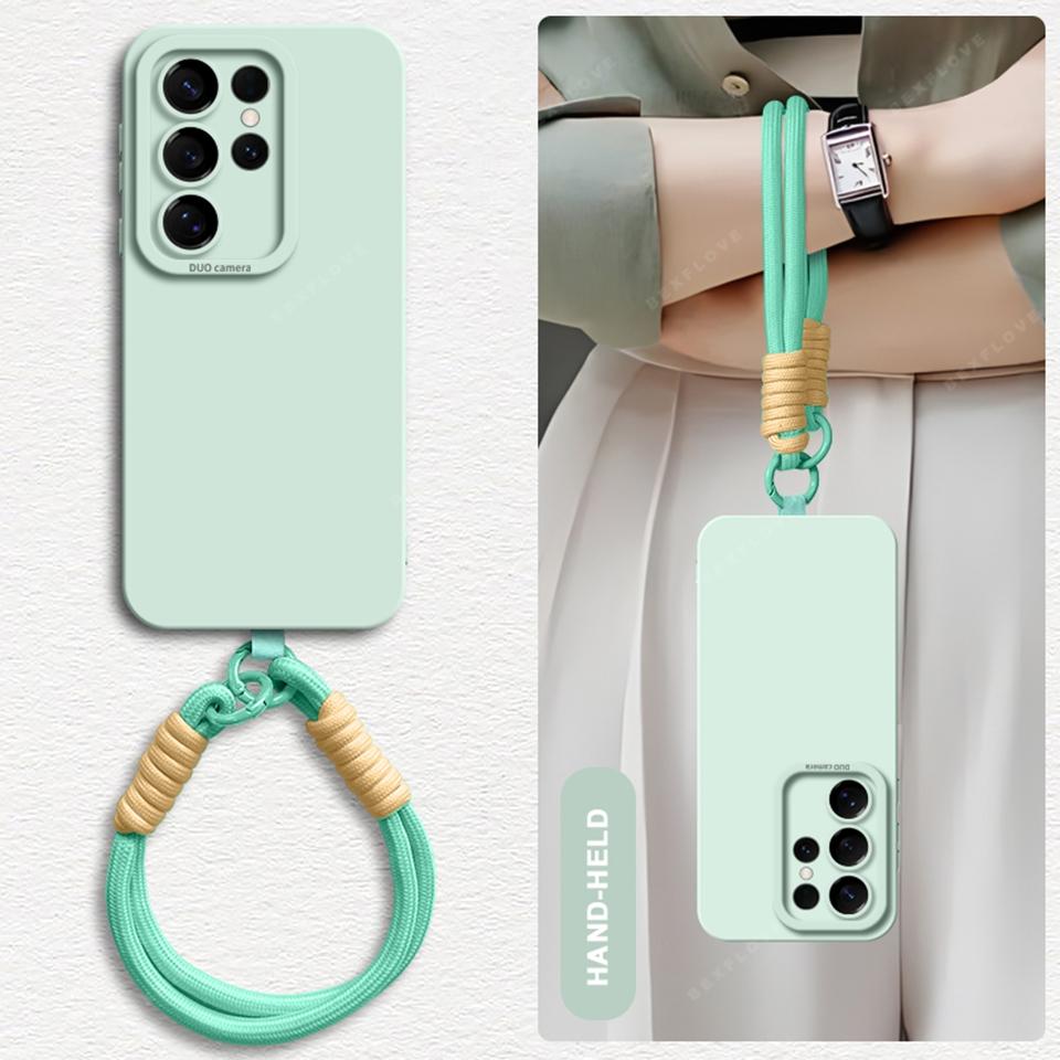 Wrist Strap Liquid Silicone Phone Case For Samsung Galaxy S24 S23 S22 S25 Ultra Plus A54 A53 A52 A55 5G Lanyard Original Cover