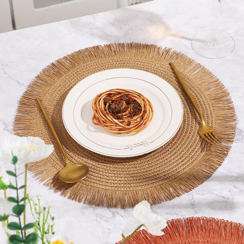 Круглые плетеные салфетки под приборы, бумажные салфетки с бахромой, плетеные вручную нескользящие изоляционные салфетки, подставки под чайные чашки, украшения для обеденного стола