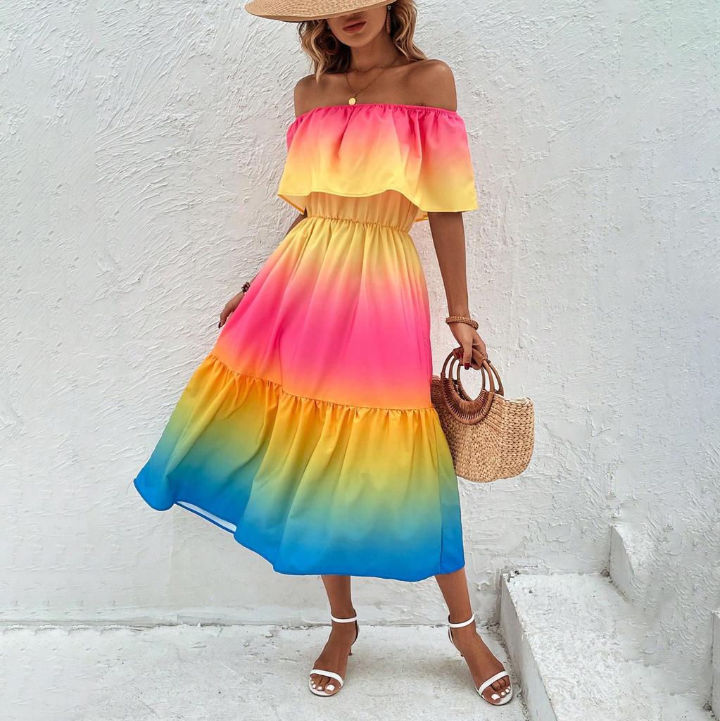Весна-лето Женское приморское отпускное платье радужного цвета с короткими рукавами, облегающее платье А-силуэта с высокой талией и плечами-лотосами, размер S-XL