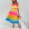 Весна-лето Женское приморское отпускное платье радужного цвета с короткими рукавами, облегающее платье А-силуэта с высокой талией и плечами-лотосами, размер S-XL