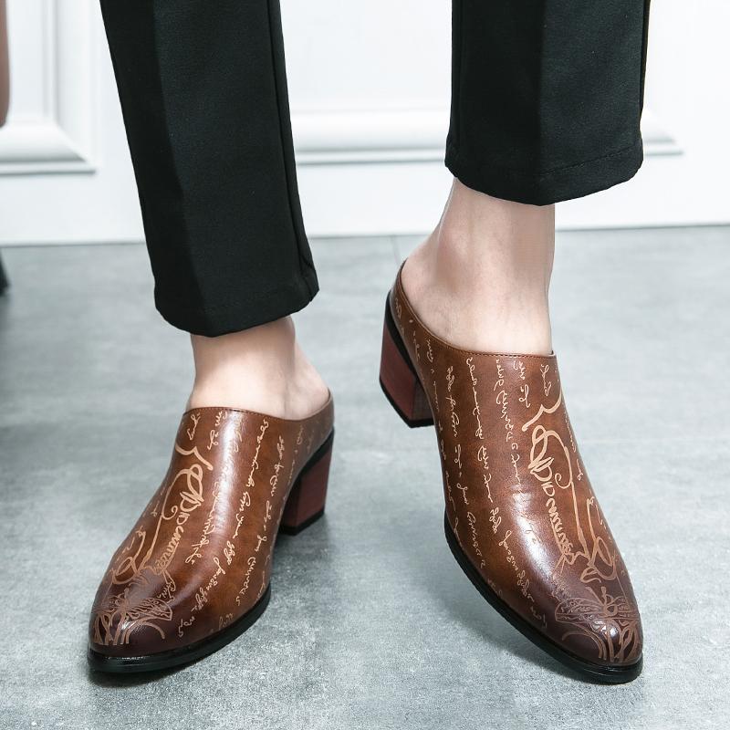 Мужские туфли-мулы, черные кожаные сабо, летние туфли, удобные повседневные туфли с открытой спиной и полуботинками, увеличивающие высоту каблука