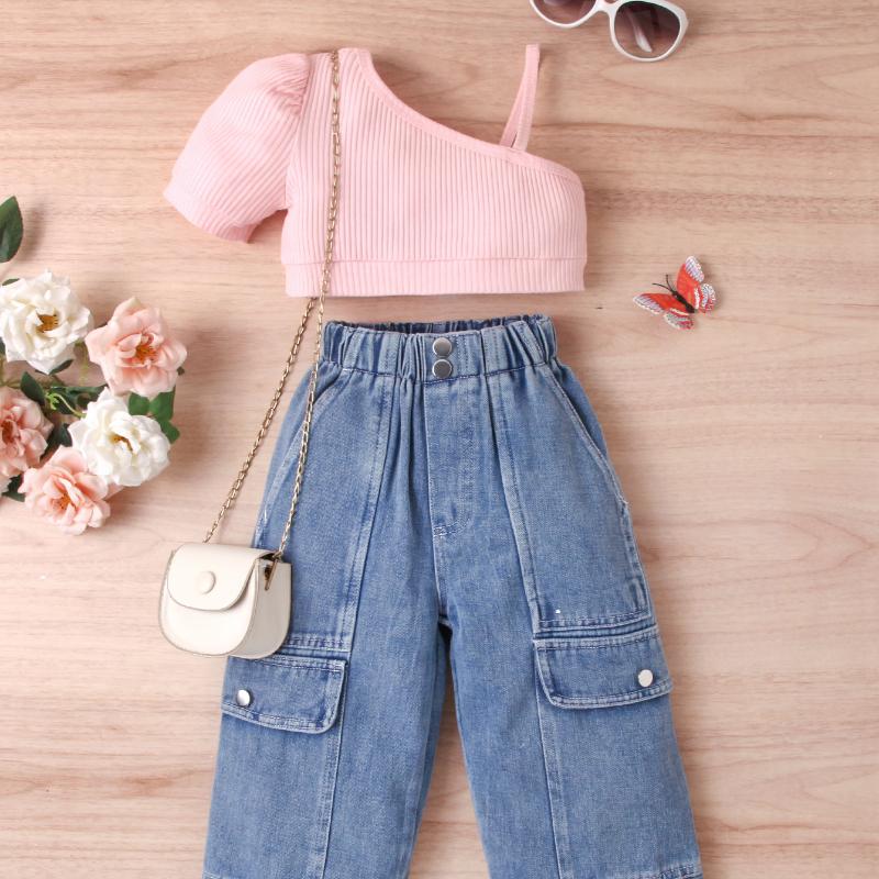 Комплект одежды для девочек: Летний детский однотонный свитер с короткими рукавами и открытыми плечами, комплект из двух предметов из денима с множеством пуговиц