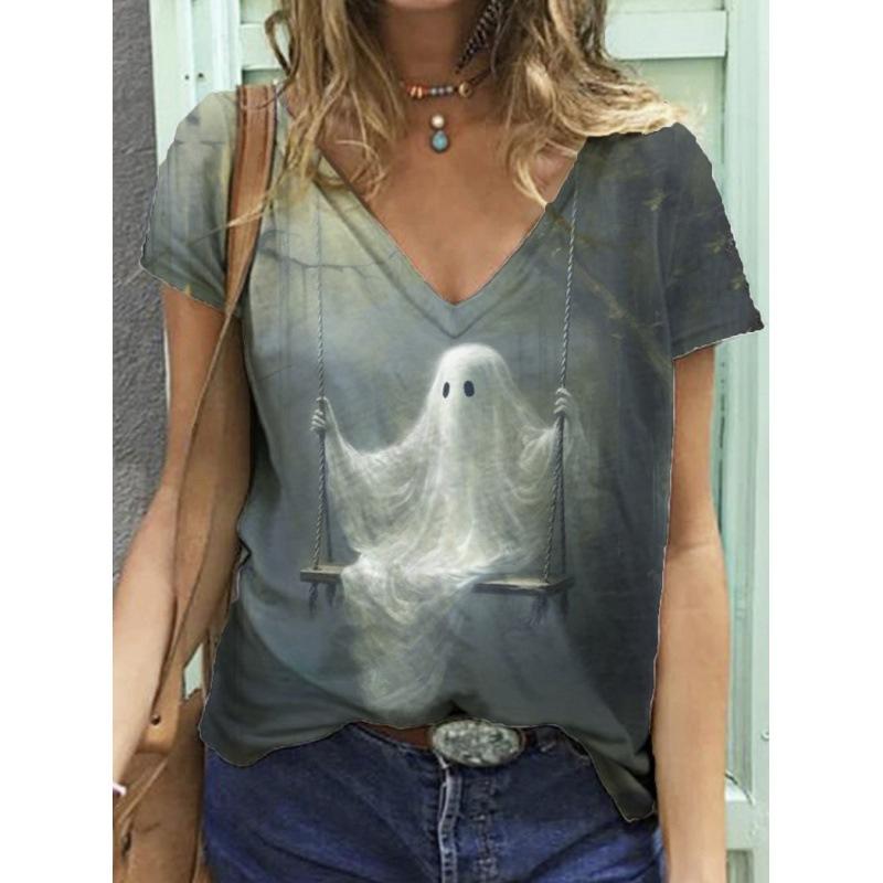 Футболки с принтом «Призрак, кот, Хэллоуин» с 3D-принтом, женская мода, футболка с коротким рукавом и V-образным вырезом, топы Y2k, футболки Harajuku большого размера, женская одежда