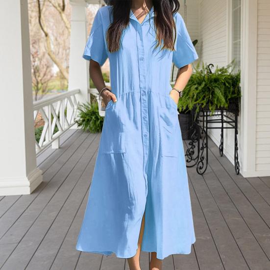 Женское платье с лацканами, короткий рукав, однобортное, повседневное платье с карманами, однотонное