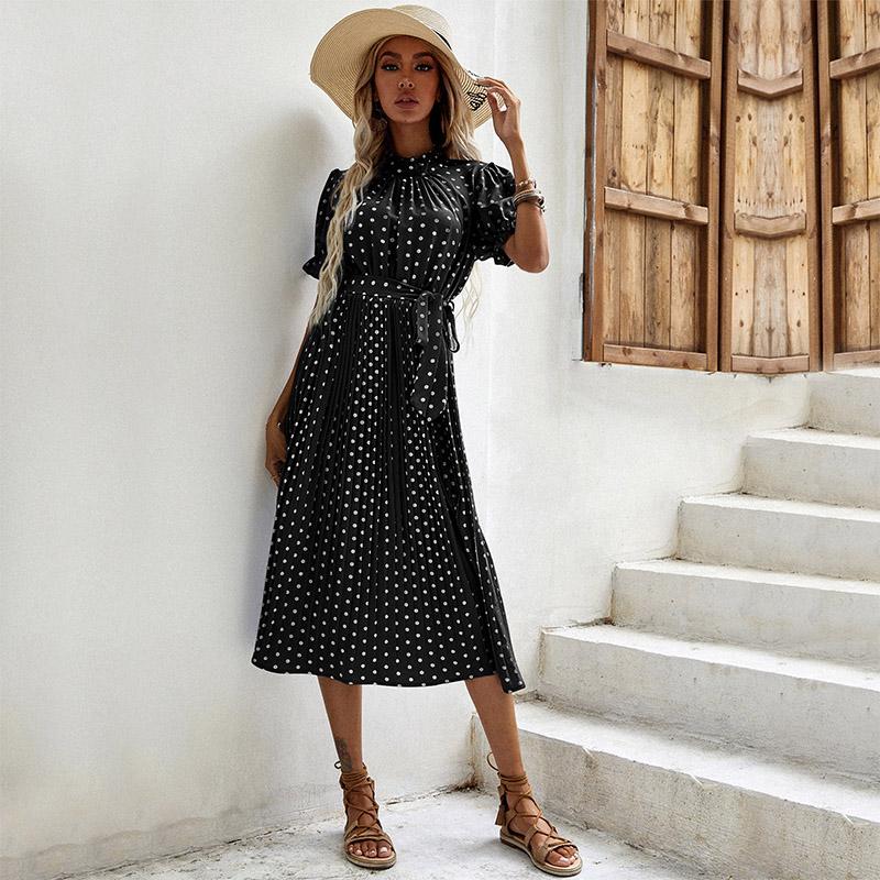 YYFS Женская мода Летние повседневные платья в горошек с коротким рукавом и круглым вырезом