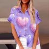 Женская свободная повседневная рубашка с короткими рукавами и отворотом с цифровым принтом и карманом