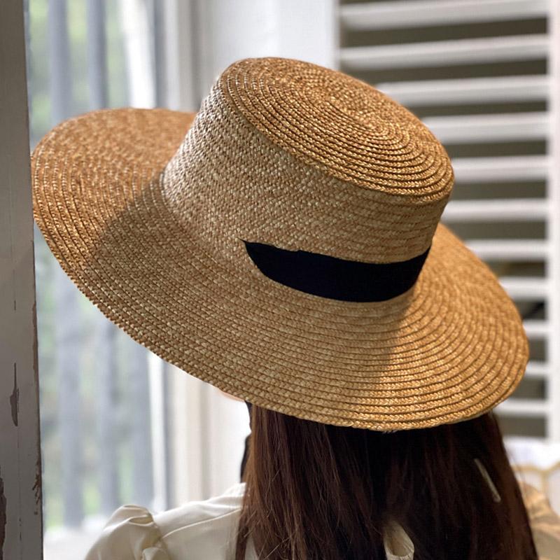 New 10cm Straw Hat For Women Black Ribbon Flat Top Straw Hat Ladies Summer Vacation Sunscreen Sun Hat Wide Brim Casual Girls Cap