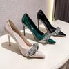 New Patent Leather Women Pumps.Rhinestone Buckle Sexy Party Shoes,High Heels,Pointed Toe,Slip On,Green,Dropship