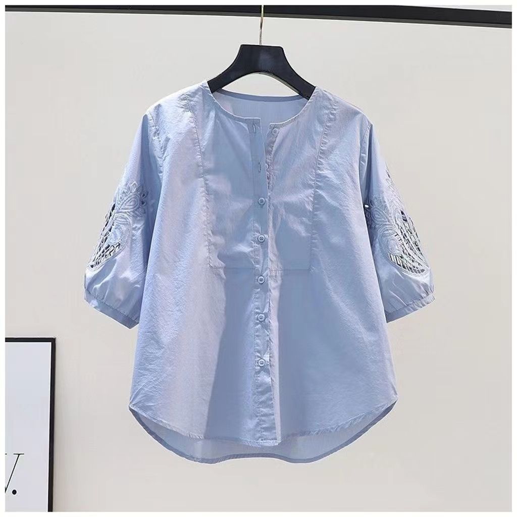 Фиолетовая полая хлопковая рубашка с вышивкой, женская летняя дизайнерская свободная рубашка с круглым вырезом, топ