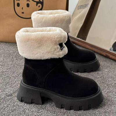 Женские теплые длинные плюшевые зимние ботинки, зима 2024, замшевые ботильоны с крючками и петлями, женские большие размеры, хлопковая обувь на нескользящей платформе, женские туфли