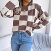 GMXIA Women's Fashion Casual Plaid Print Autumn Winter Long Sleeve Round Neck Loose Street-style Color Pullover Sweater