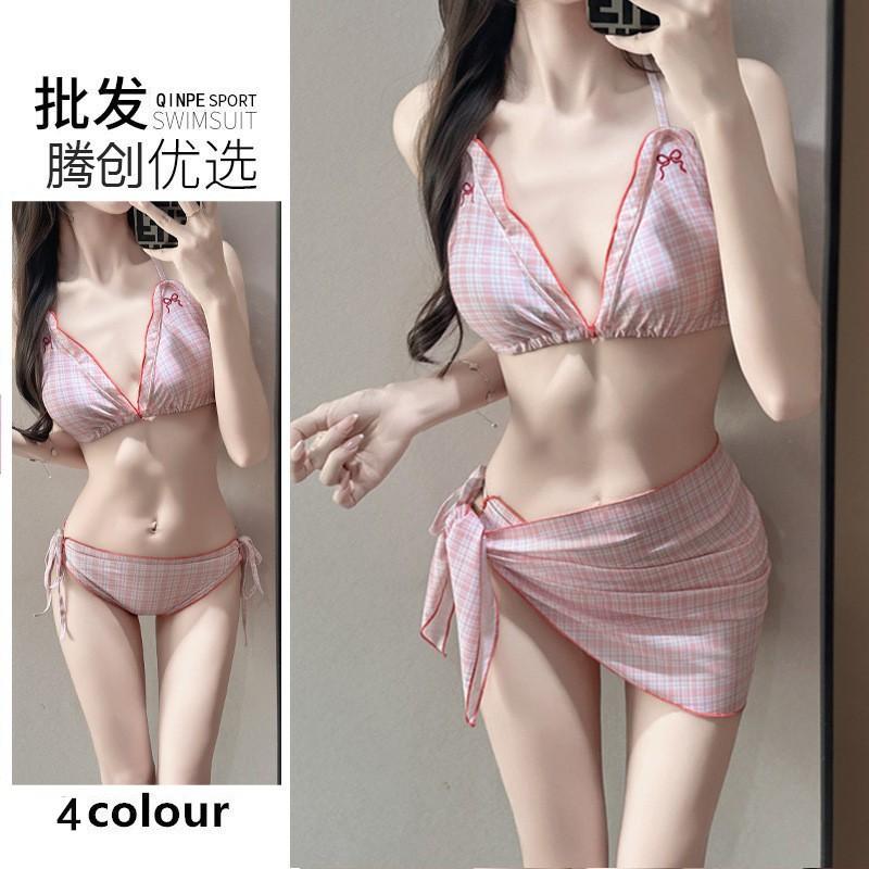 Korean Ins Style Swimsuit Women's Split Plaid Bikini Thailand Hot Three-piece