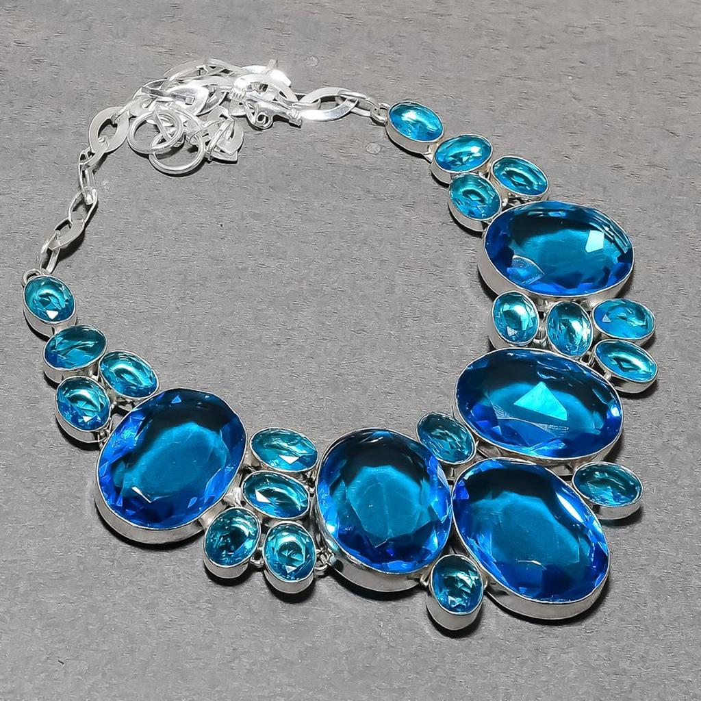 Lab Created London Blue Topaz Necklace 18" Adjustable Chain Silver Tone Jewelry
