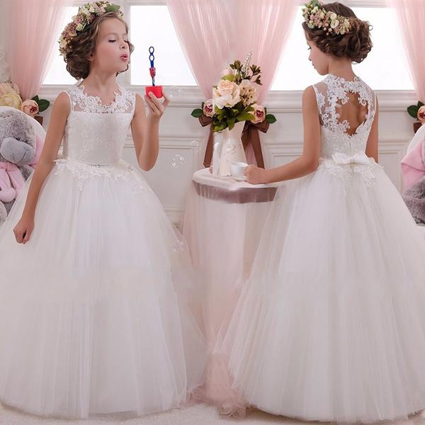 Kids Flower Girl Dress Baby Girls Lace Formal Princess Pageant Wedding Birthday Party White Bridesmaid Dresses Tea Length