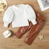 Kids Girls Clothing Set Long Puff Sleeve Ribbed Blouse Pants Girl Clothing
