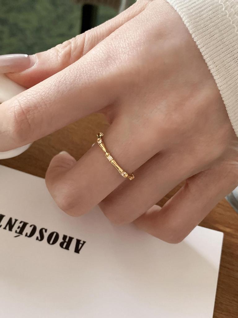 Регулируемое кольцо из стерлингового серебра S925 с цирконами в дизайне бамбуковых узлов для женщин - Универсальное, модное, для комбинирования