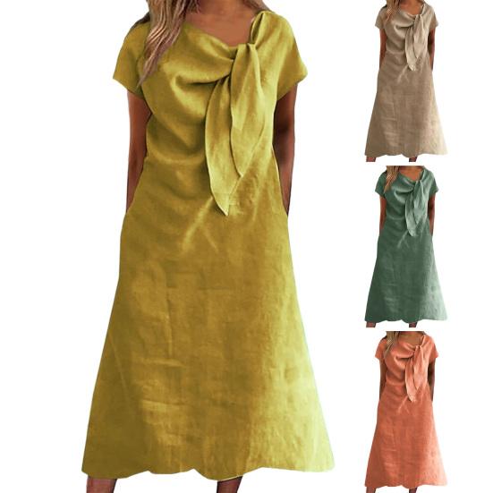 Женское платье миди с декорированным воротником и бретельками, платье с коротким рукавом, однотонное свободное летнее повседневное платье