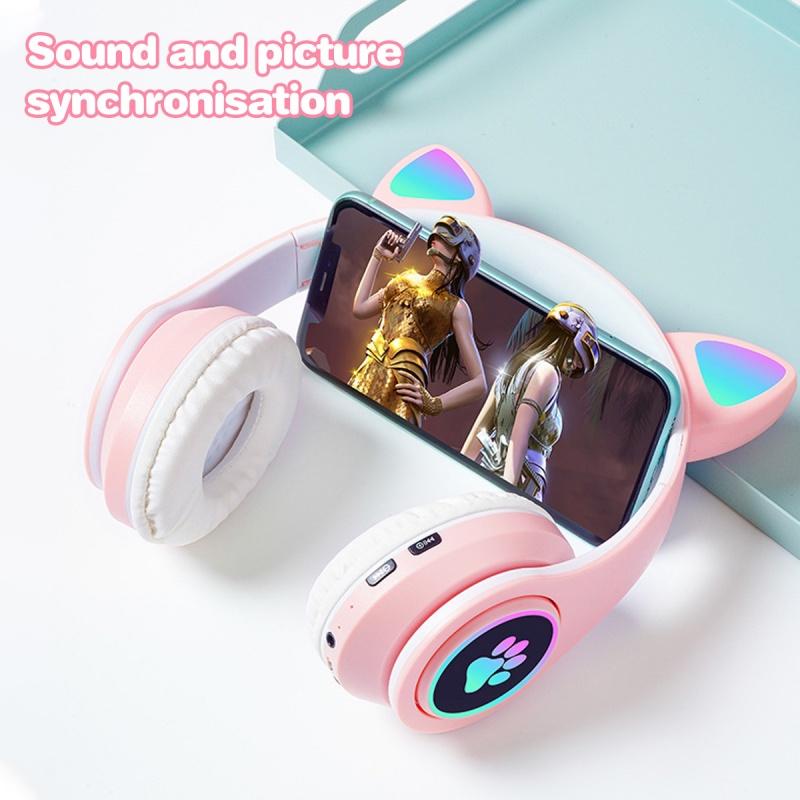Cute Cat Ear Gaming Headset Wireless Earphone Foldable LED Luminous Noise Bluetooth 5.0 Stereo Bass Headphones With Mic TF FM Kid Girl