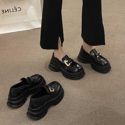 Черные лоферы на толстой подошве, маленькие кожаные туфли для женской весны и осени, новые ретро, увеличивающие рост, туфли-однопедальки