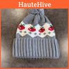Warm Simple Knitted Hat Cherry Embroidery Design And Plush Decoration Ball