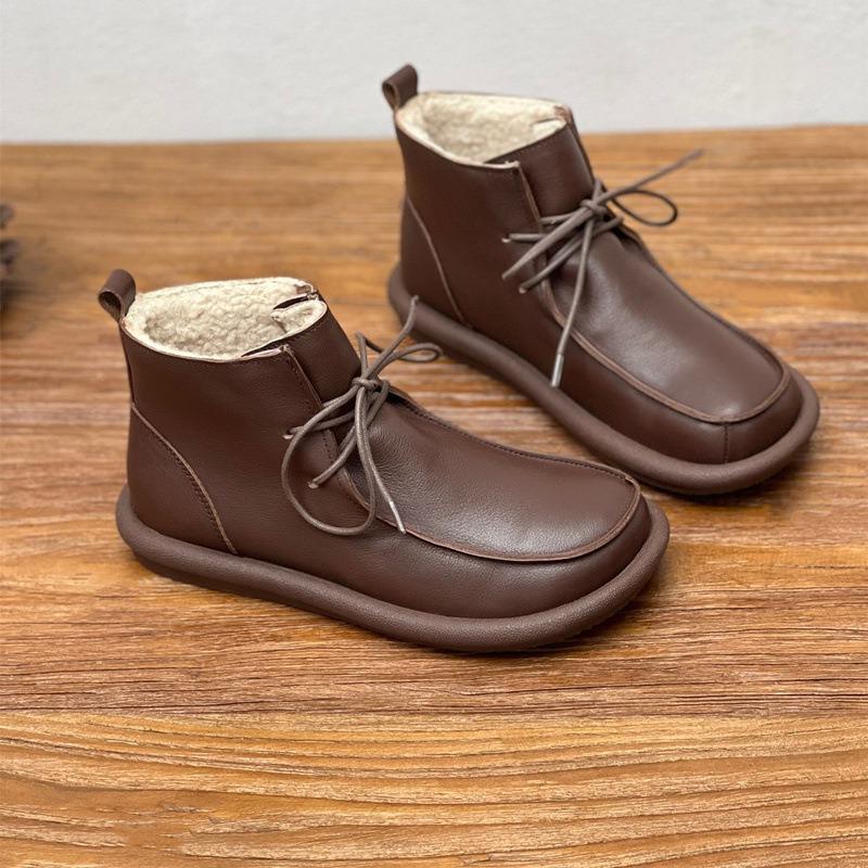 Сапоги из натуральной кожи и хлопка, винтажные, ручной работы, с круглым носком, на плоской подошве, теплые, из коровьей кожи